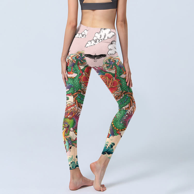 Nimara Ritual Dragon Rose Eagle Waves Auspicious Clouds Pattern Gym Leggings Women's Yoga Pants