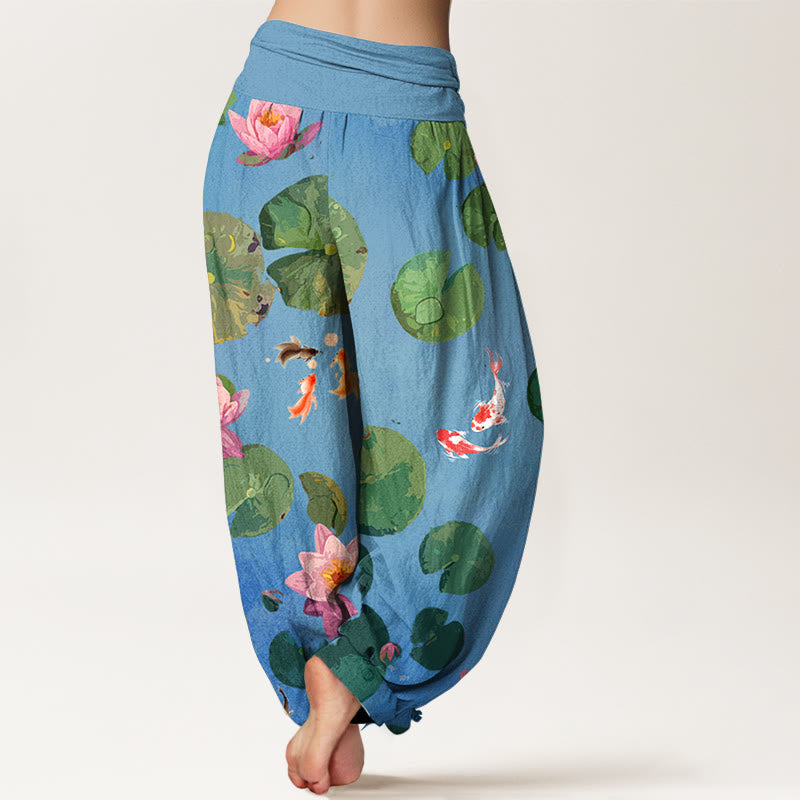 Nimara Ritual Print Koi Fish Lotus Flowers Pattern Women's Elastic Waist Harem Pure Cotton Pants