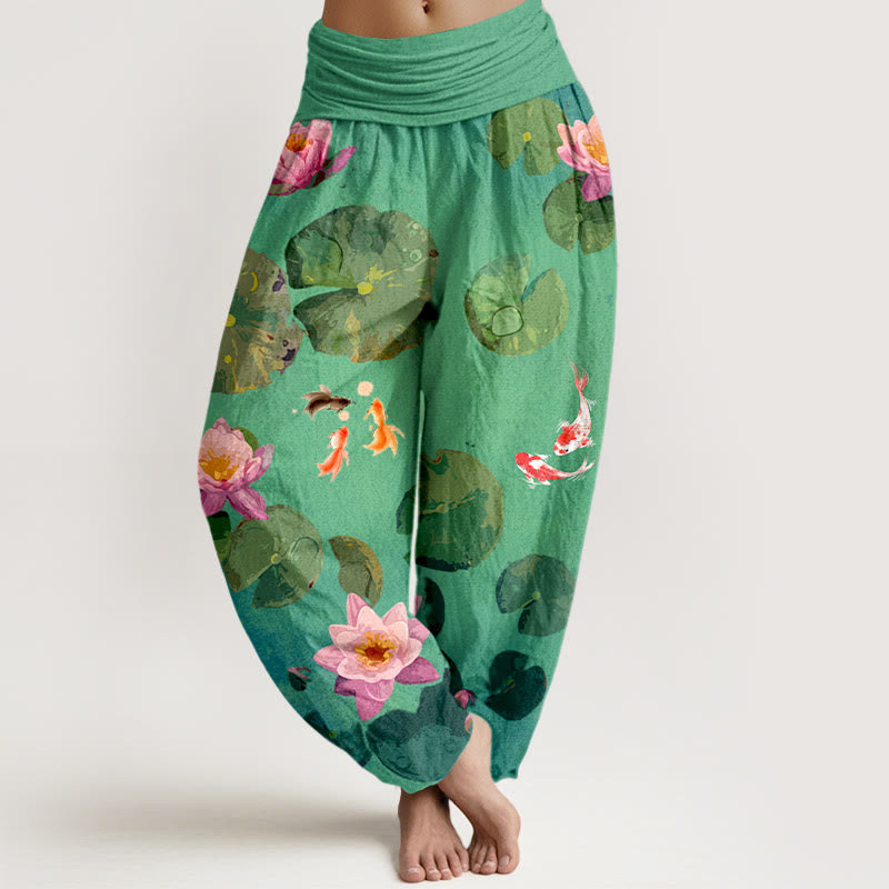 Nimara Ritual Print Koi Fish Lotus Flowers Pattern Women's Elastic Waist Harem Pure Cotton Pants