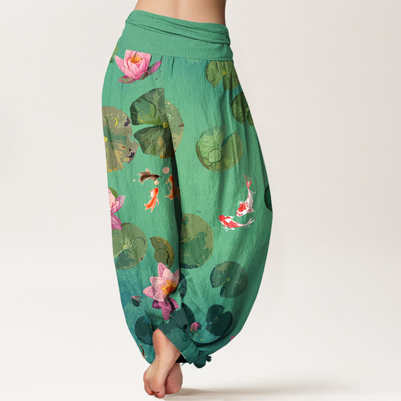 Nimara Ritual Print Koi Fish Lotus Flowers Pattern Women's Elastic Waist Harem Pure Cotton Pants