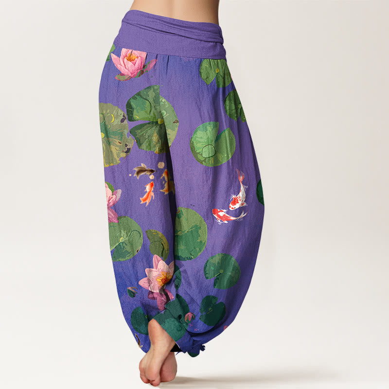 Nimara Ritual Print Koi Fish Lotus Flowers Pattern Women's Elastic Waist Harem Pure Cotton Pants