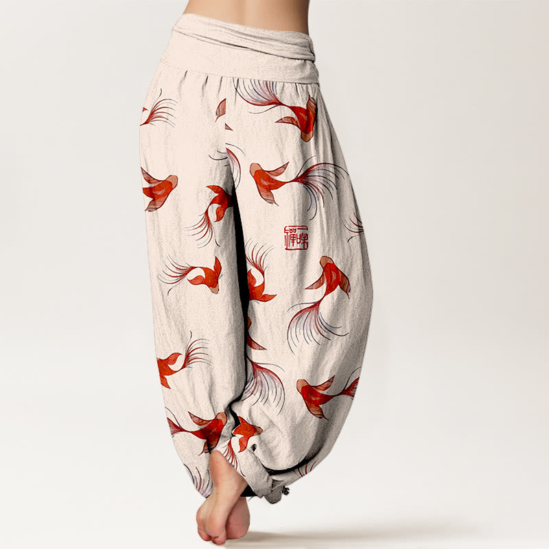 Nimara Ritual Print Pure Cotton Koi Fish Pattern Women's Elastic Waist Harem Pants