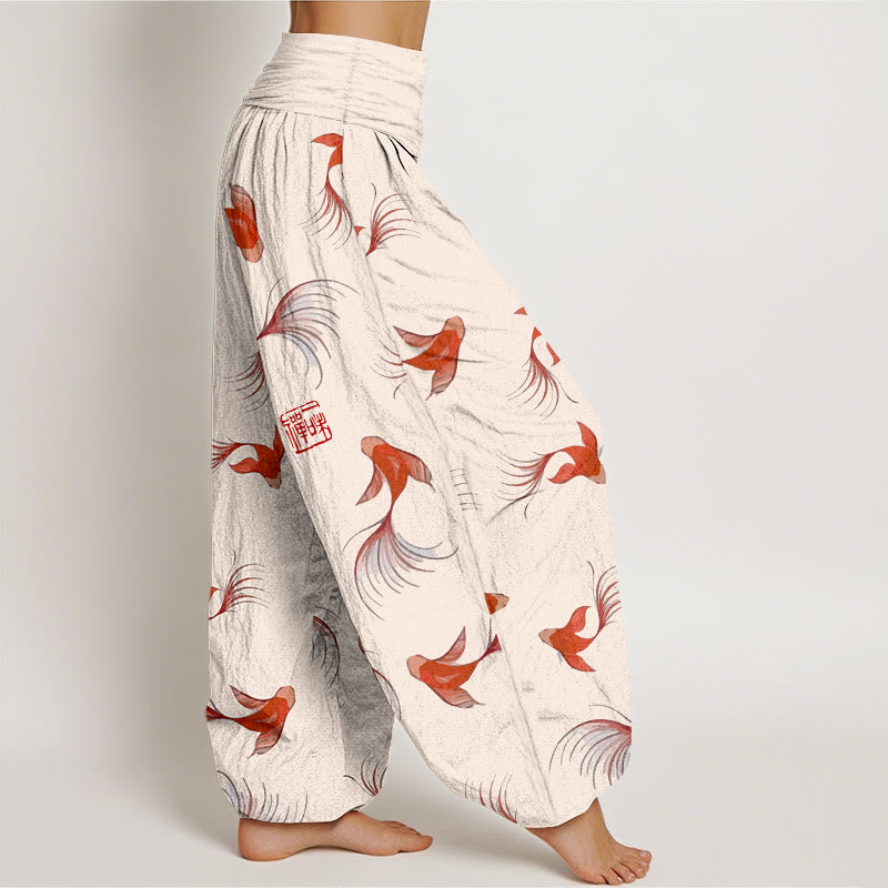 Nimara Ritual Print Pure Cotton Koi Fish Pattern Women's Elastic Waist Harem Pants