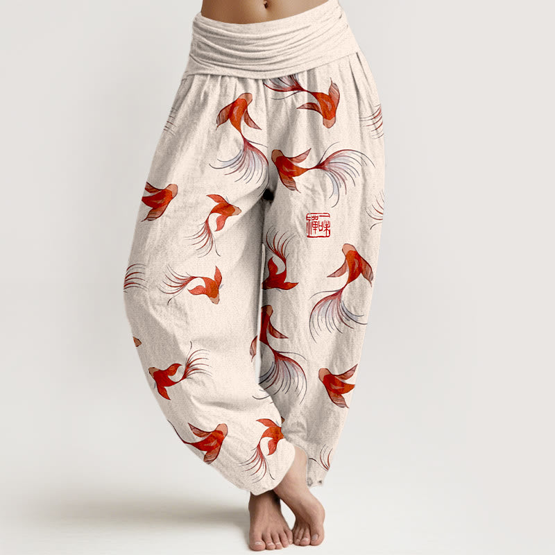 Nimara Ritual Print Pure Cotton Koi Fish Pattern Women's Elastic Waist Harem Pants