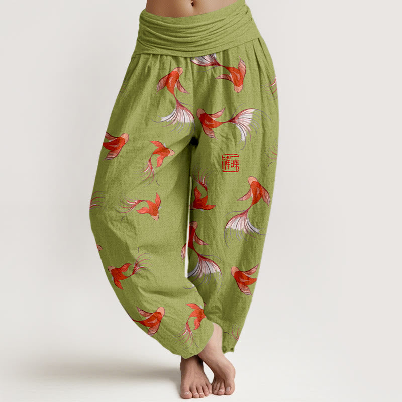 Nimara Ritual Print Pure Cotton Koi Fish Pattern Women's Elastic Waist Harem Pants