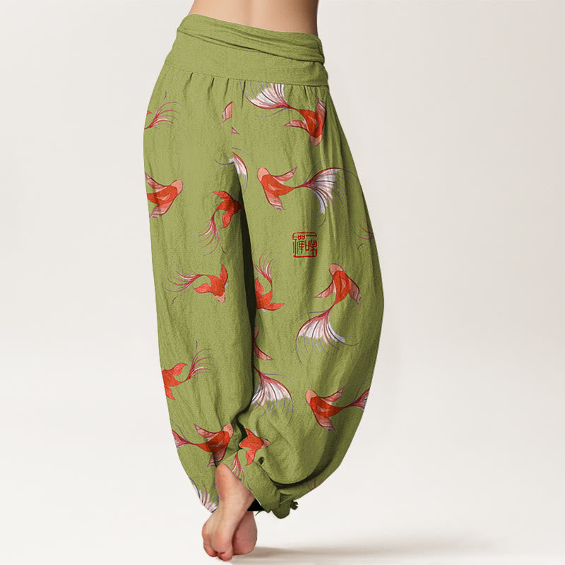 Nimara Ritual Print Pure Cotton Koi Fish Pattern Women's Elastic Waist Harem Pants