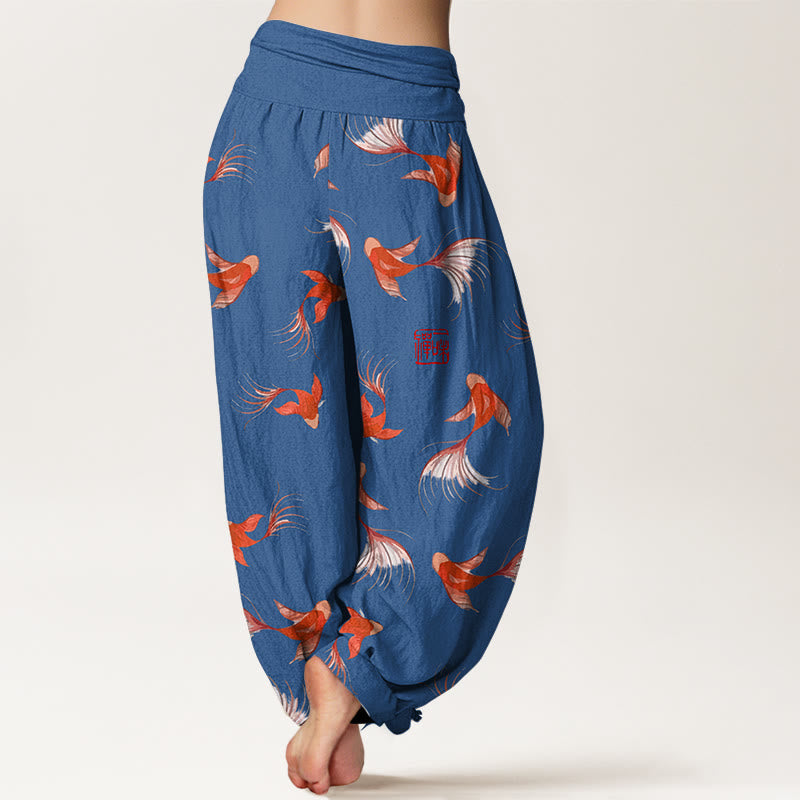 Nimara Ritual Print Pure Cotton Koi Fish Pattern Women's Elastic Waist Harem Pants