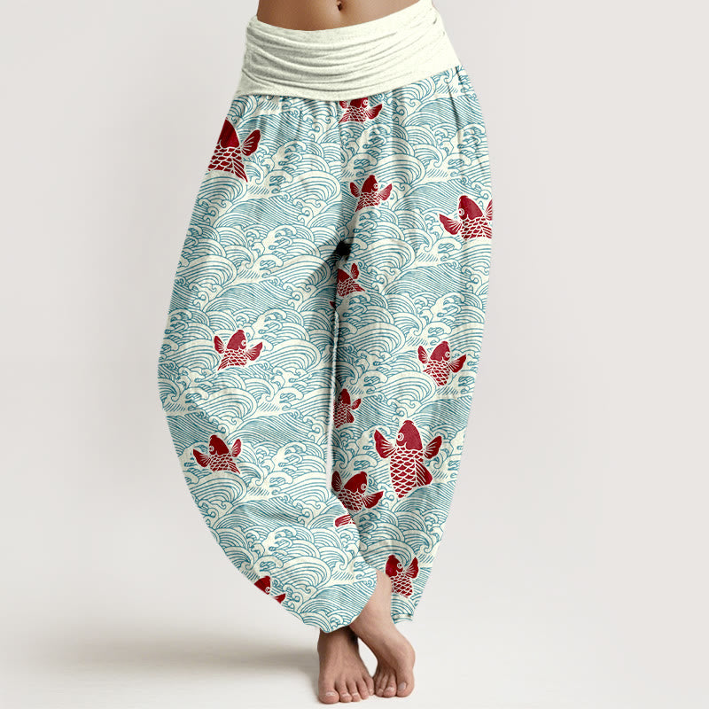 Nimara Ritual Print Koi Fishes Waves Pattern Women's Elastic Waist Harem Pure Cotton Pants