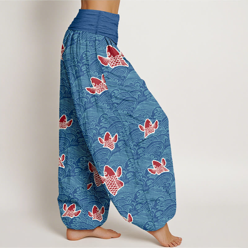 Nimara Ritual Print Koi Fishes Waves Pattern Women's Elastic Waist Harem Pure Cotton Pants
