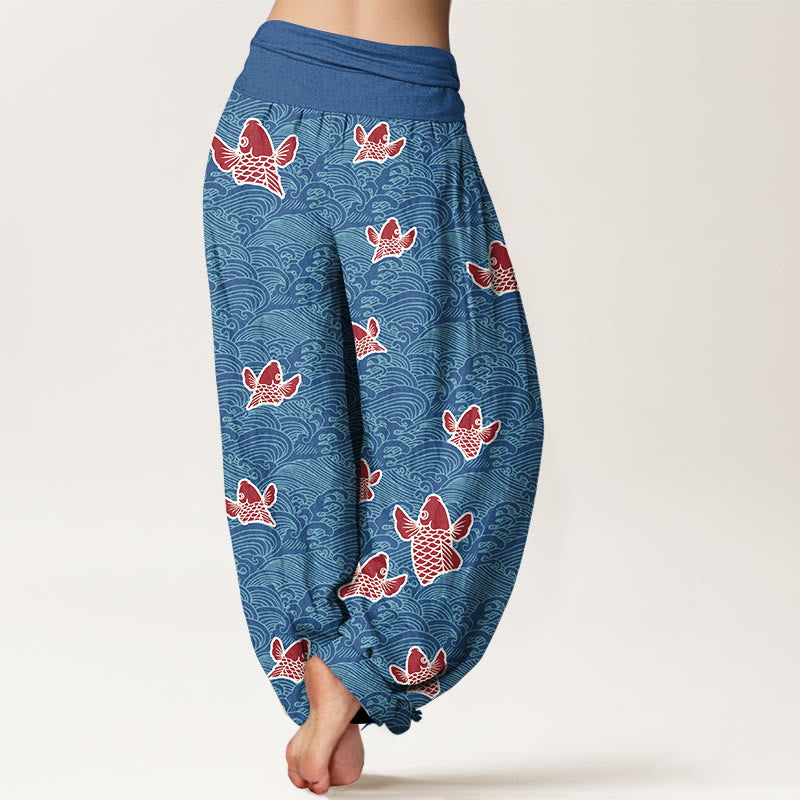 Nimara Ritual Print Koi Fishes Waves Pattern Women's Elastic Waist Harem Pure Cotton Pants