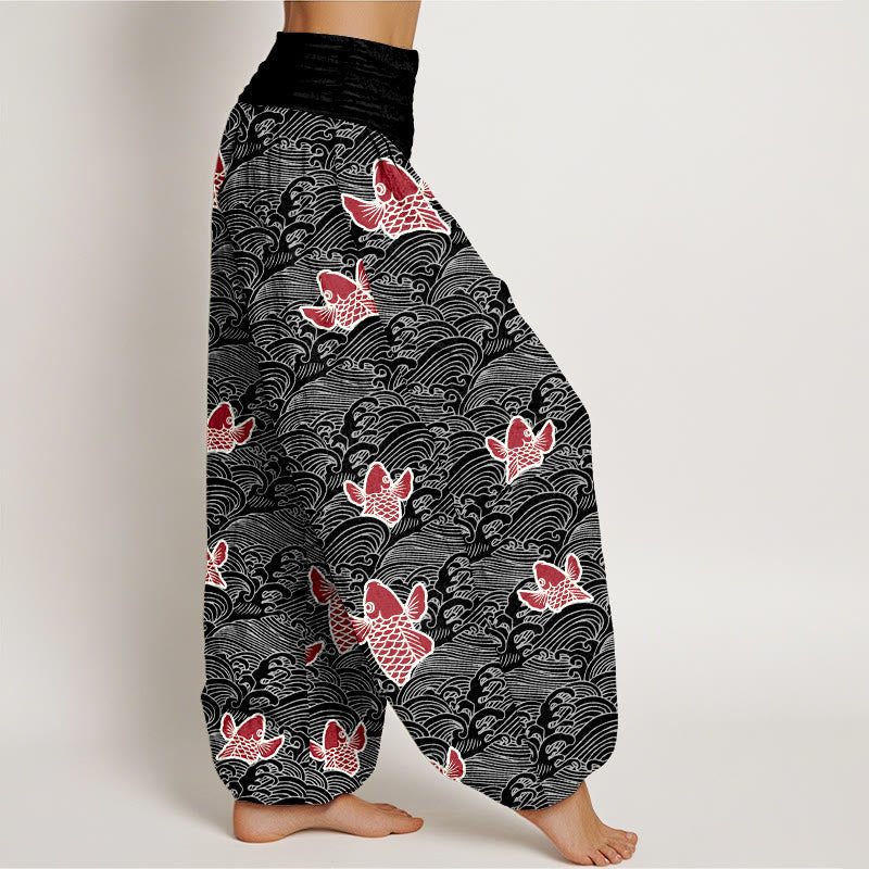 Nimara Ritual Print Koi Fishes Waves Pattern Women's Elastic Waist Harem Pure Cotton Pants