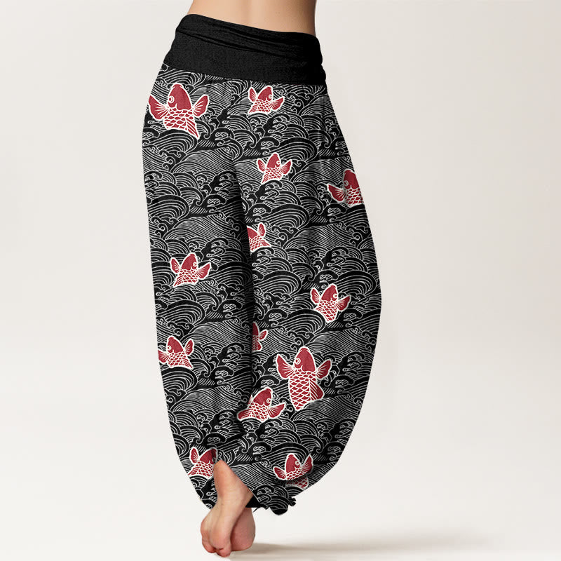Nimara Ritual Print Koi Fishes Waves Pattern Women's Elastic Waist Harem Pure Cotton Pants