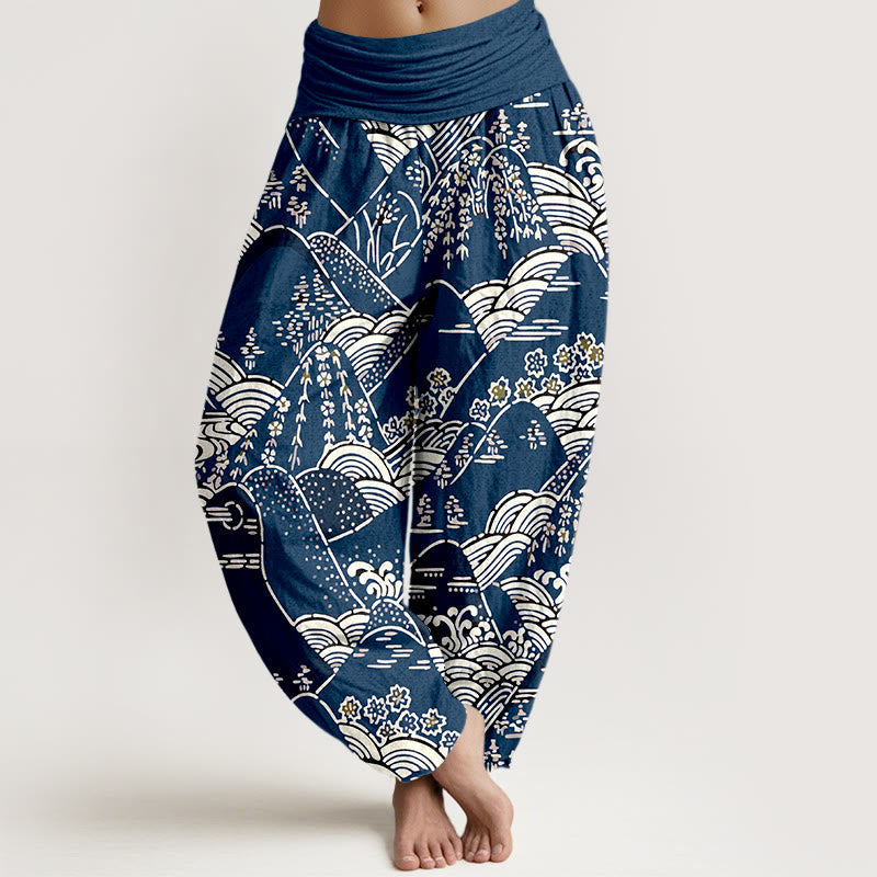 Nimara Ritual Printed Mountains Waves Floral Pattern Women's Elastic Waist Harem Pure Cotton Pants