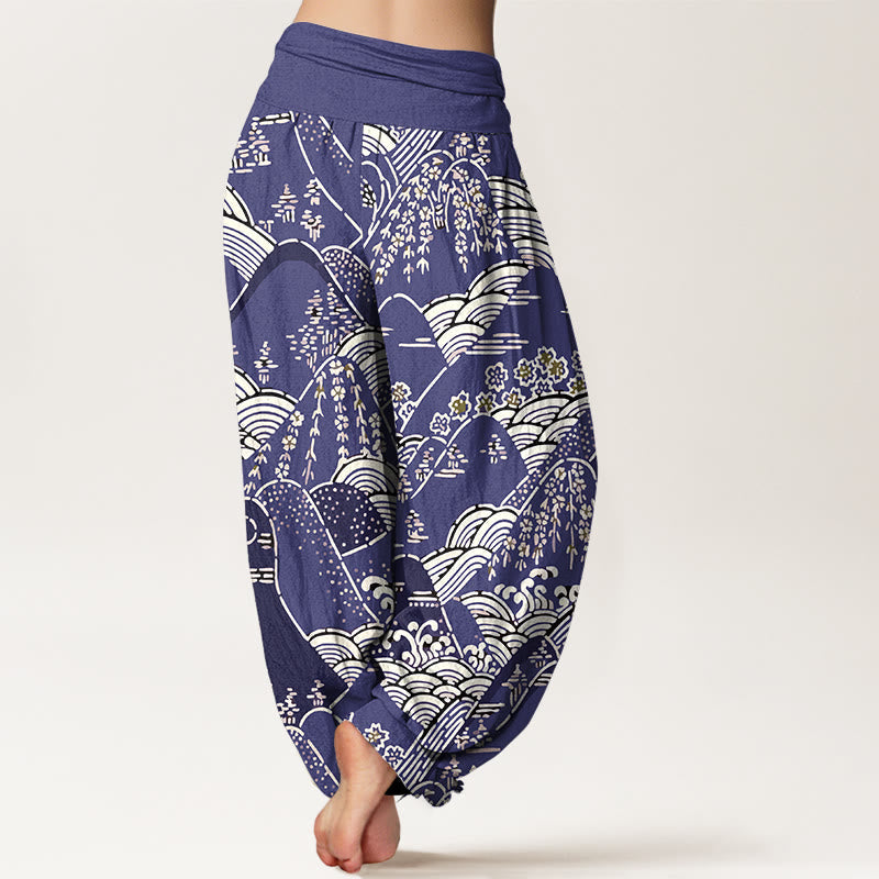 Nimara Ritual Printed Mountains Waves Floral Pattern Women's Elastic Waist Harem Pure Cotton Pants