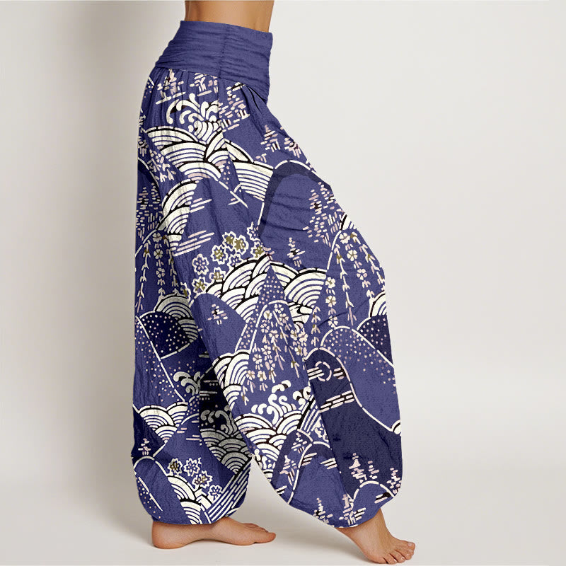 Nimara Ritual Printed Mountains Waves Floral Pattern Women's Elastic Waist Harem Pure Cotton Pants