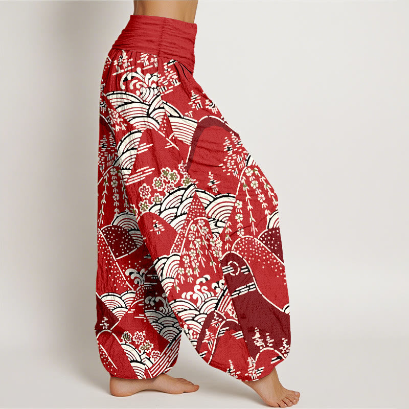 Nimara Ritual Printed Mountains Waves Floral Pattern Women's Elastic Waist Harem Pure Cotton Pants