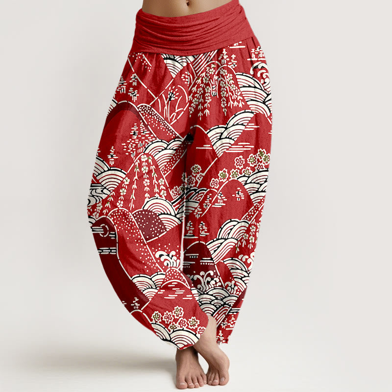 Nimara Ritual Printed Mountains Waves Floral Pattern Women's Elastic Waist Harem Pure Cotton Pants