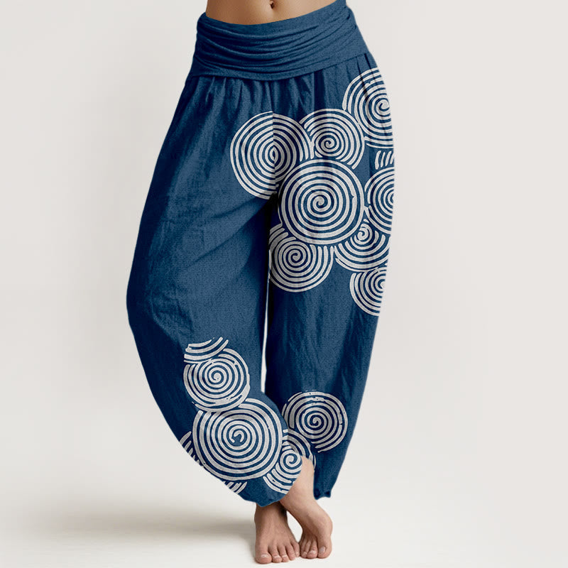 Nimara Ritual Printed White Spiral Pattern Women's Elastic Waist Harem Pure Cotton Pants