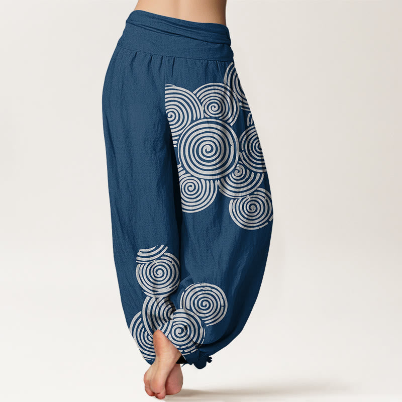 Nimara Ritual Printed White Spiral Pattern Women's Elastic Waist Harem Pure Cotton Pants