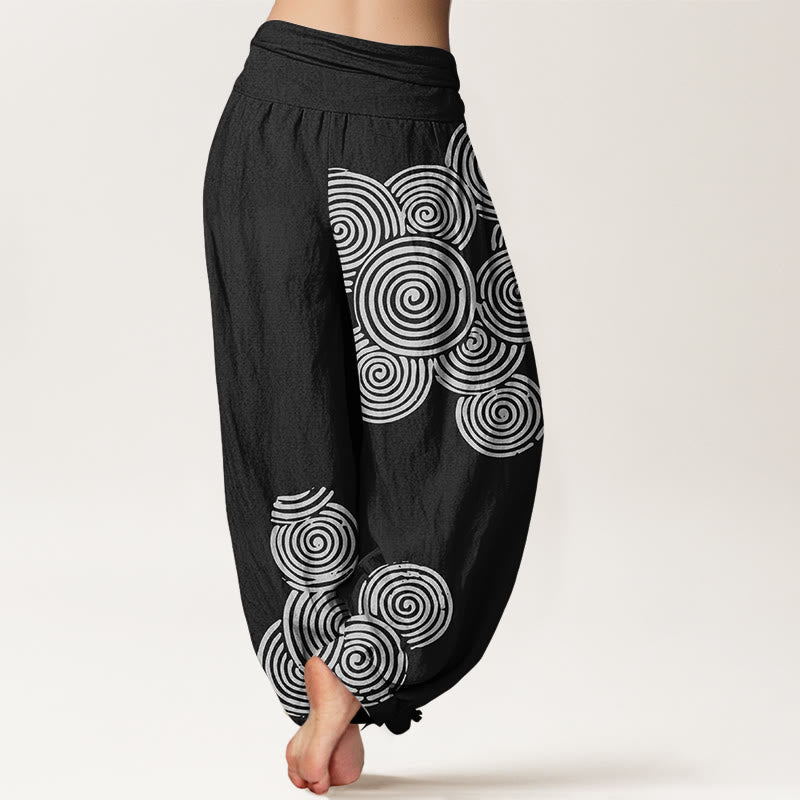 Nimara Ritual Printed White Spiral Pattern Women's Elastic Waist Harem Pure Cotton Pants