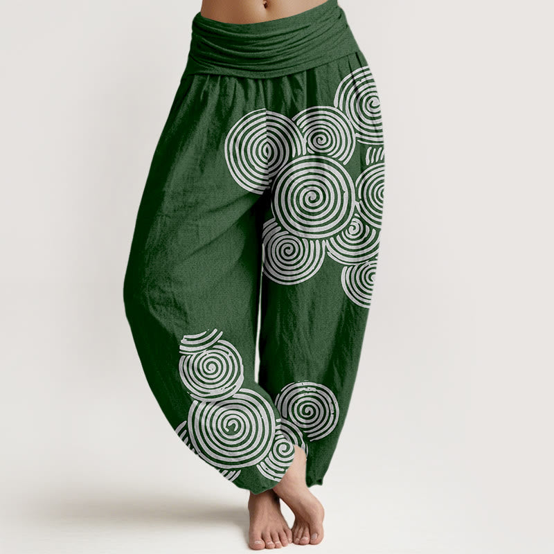 Nimara Ritual Printed White Spiral Pattern Women's Elastic Waist Harem Pure Cotton Pants