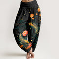 Nimara Ritual Koi Fish Lotus Pattern Women's Elastic Waist Harem Pure Cotton Printed Pants