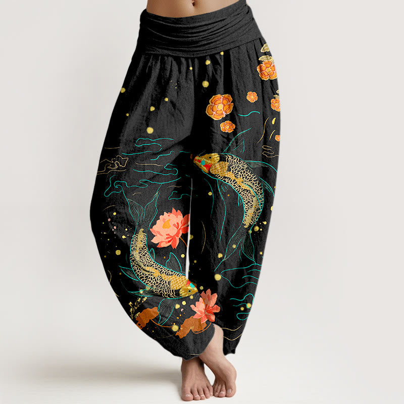 Nimara Ritual Koi Fish Lotus Pattern Women's Elastic Waist Harem Pure Cotton Printed Pants