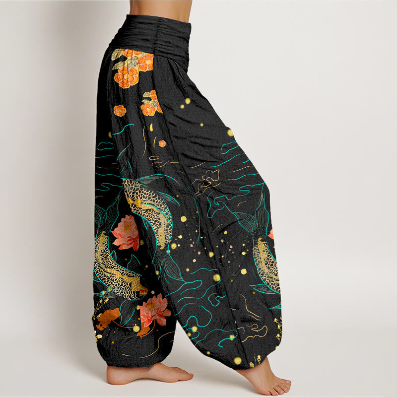 Nimara Ritual Koi Fish Lotus Pattern Women's Elastic Waist Harem Pure Cotton Printed Pants