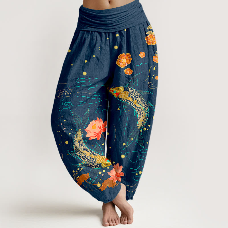 Nimara Ritual Koi Fish Lotus Pattern Women's Elastic Waist Harem Pure Cotton Printed Pants