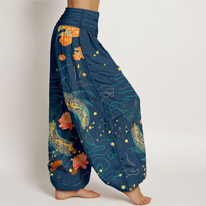 Nimara Ritual Koi Fish Lotus Pattern Women's Elastic Waist Harem Pure Cotton Printed Pants
