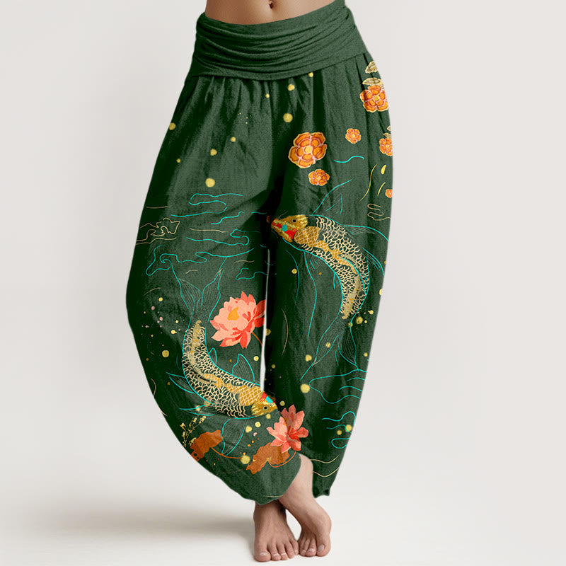 Nimara Ritual Koi Fish Lotus Pattern Women's Elastic Waist Harem Pure Cotton Printed Pants