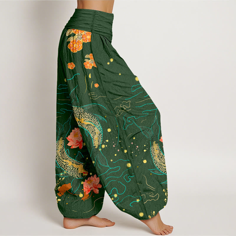 Nimara Ritual Koi Fish Lotus Pattern Women's Elastic Waist Harem Pure Cotton Printed Pants