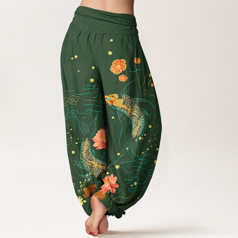 Nimara Ritual Koi Fish Lotus Pattern Women's Elastic Waist Harem Pure Cotton Printed Pants