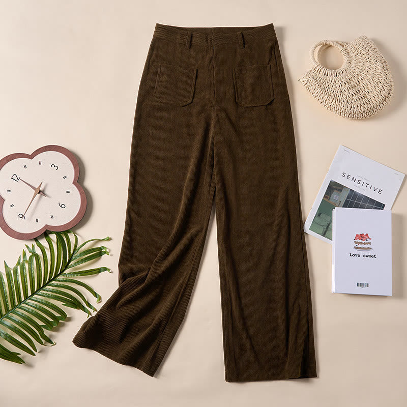 Nimara Ritual Plain Corduroy Polyester Women's Buttons Wide Leg Pants With Pockets