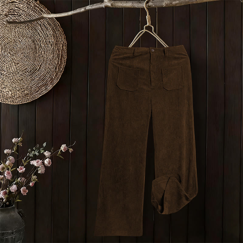 Nimara Ritual Plain Corduroy Polyester Women's Buttons Wide Leg Pants With Pockets