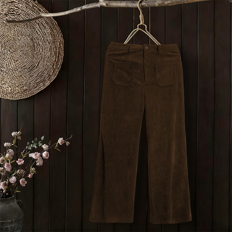 Nimara Ritual Plain Corduroy Polyester Women's Buttons Wide Leg Pants With Pockets