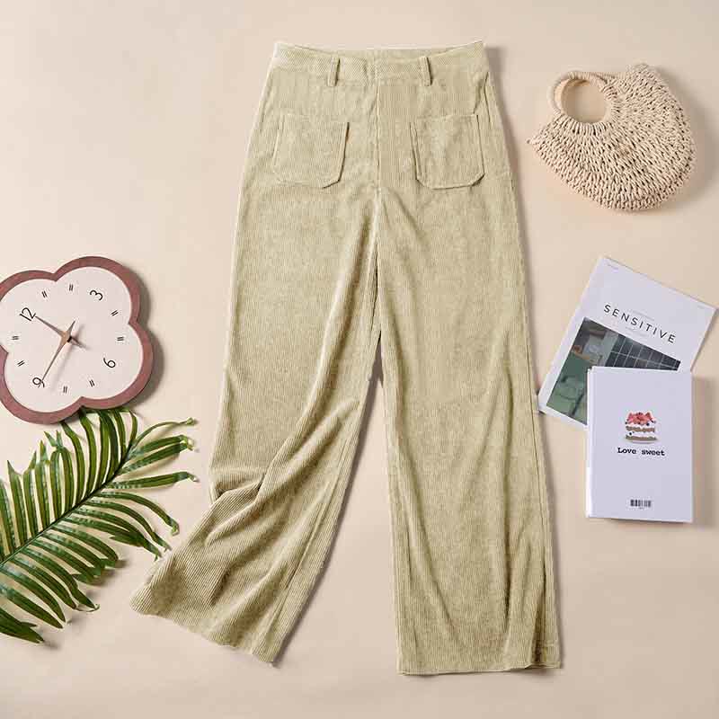 Nimara Ritual Plain Corduroy Polyester Women's Buttons Wide Leg Pants With Pockets