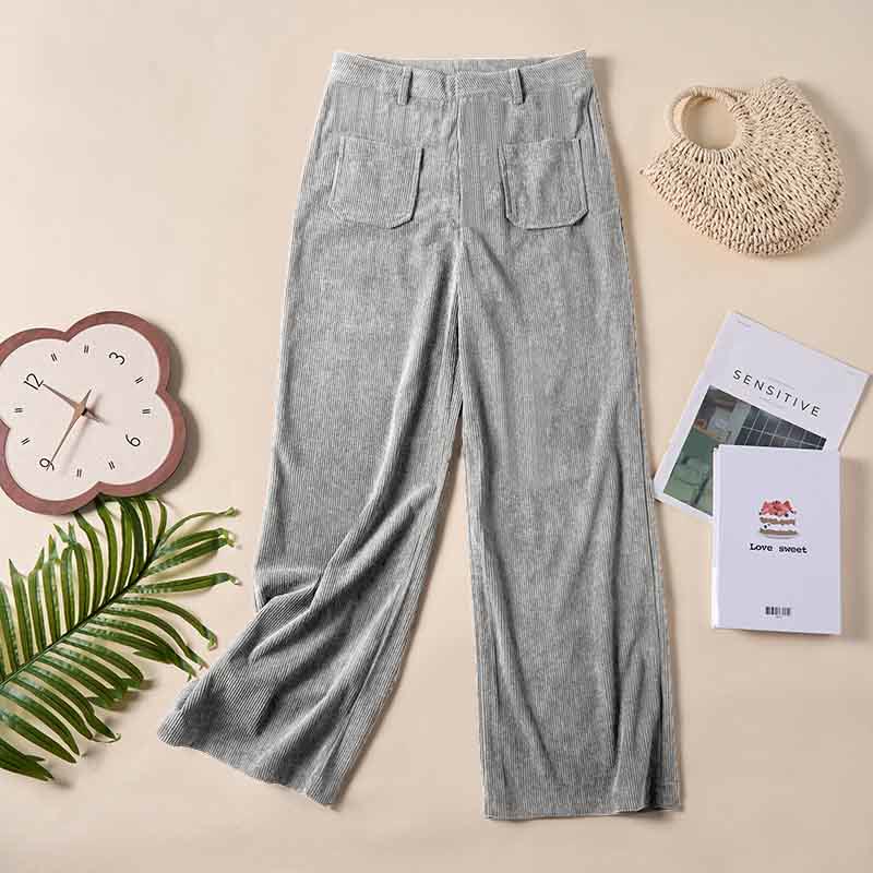 Nimara Ritual Plain Corduroy Polyester Women's Buttons Wide Leg Pants With Pockets