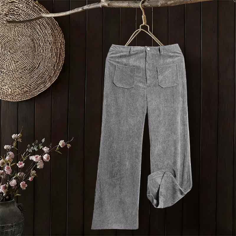 Nimara Ritual Plain Corduroy Polyester Women's Buttons Wide Leg Pants With Pockets