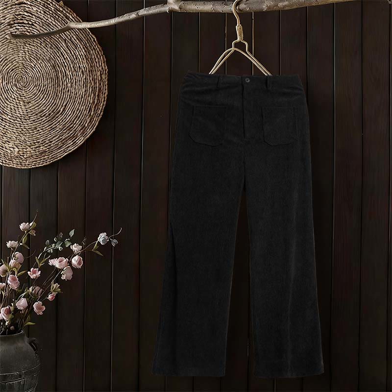 Nimara Ritual Plain Corduroy Polyester Women's Buttons Wide Leg Pants With Pockets