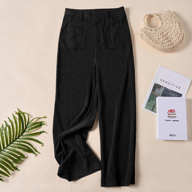 Nimara Ritual Plain Corduroy Polyester Women's Buttons Wide Leg Pants With Pockets