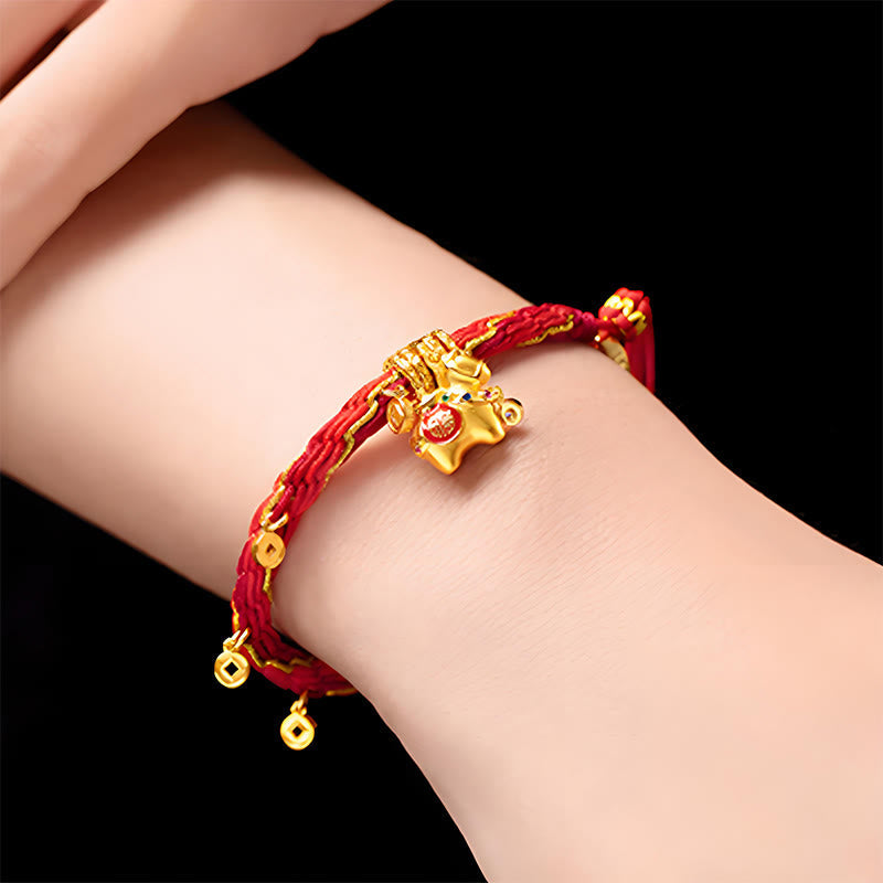 Nimara Ritual Copper Plated 18k Gold Year Of The Horse Fu Character Red String Luck Braided Bracelet
