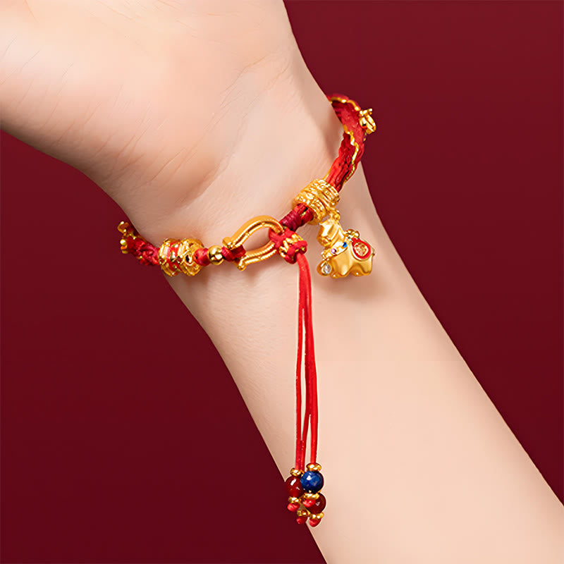 Nimara Ritual Copper Plated 18k Gold Year Of The Horse Fu Character Red String Luck Braided Bracelet