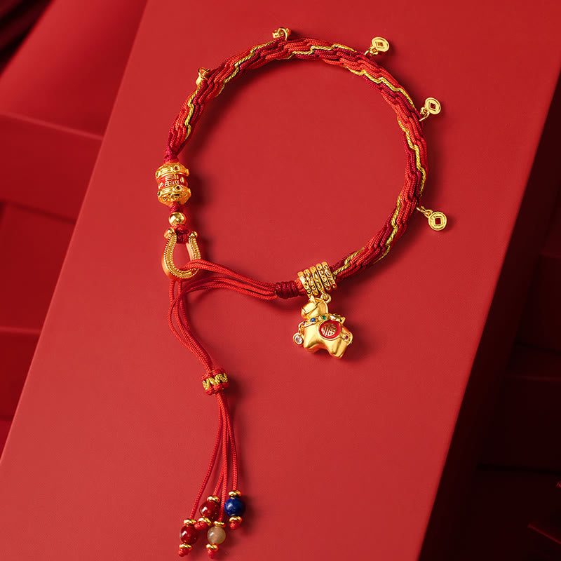 Nimara Ritual Copper Plated 18k Gold Year Of The Horse Fu Character Red String Luck Braided Bracelet