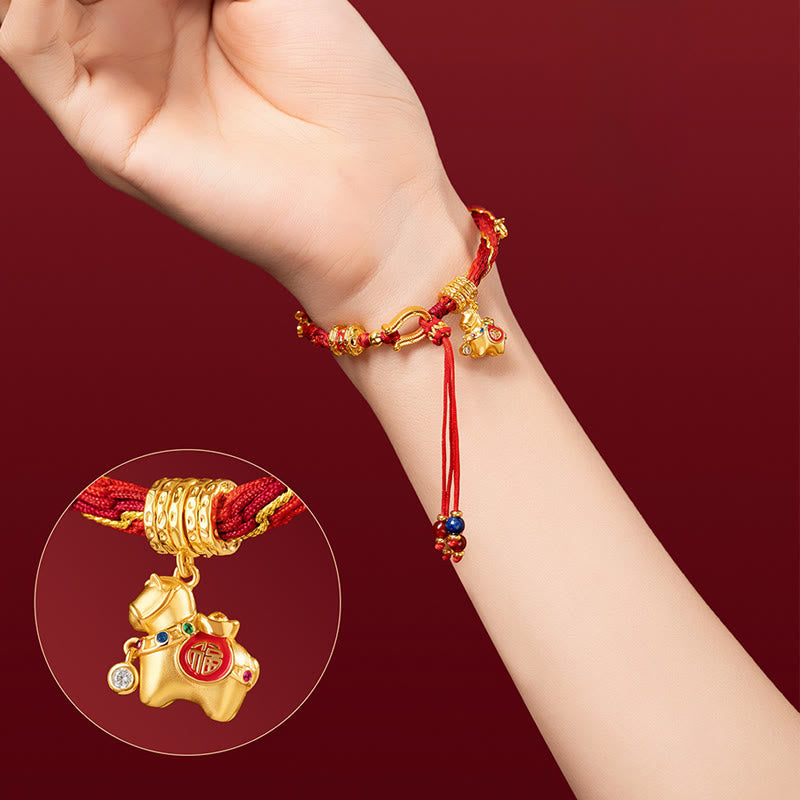 Nimara Ritual Copper Plated 18k Gold Year Of The Horse Fu Character Red String Luck Braided Bracelet