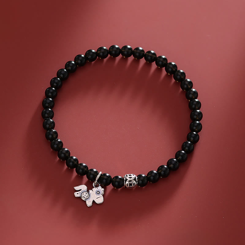 Nimara Ritual Year Of The Horse 925 Sterling Silver Natural Black Obsidian Strength Bracelet