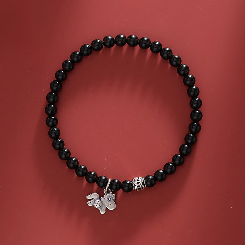 Nimara Ritual Year Of The Horse 925 Sterling Silver Natural Black Obsidian Strength Bracelet