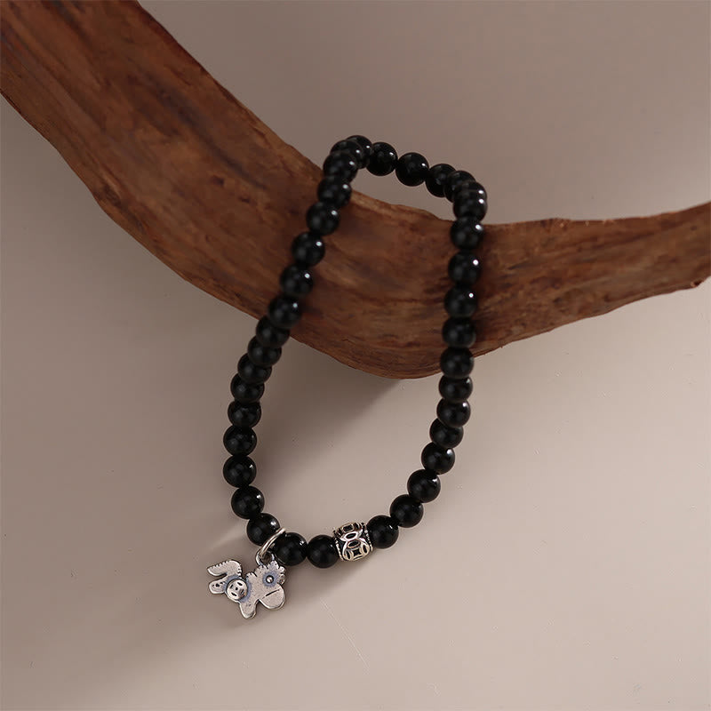 Nimara Ritual Year Of The Horse 925 Sterling Silver Natural Black Obsidian Strength Bracelet