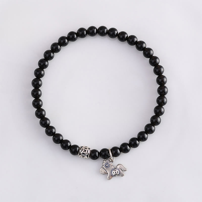 Nimara Ritual Year Of The Horse 925 Sterling Silver Natural Black Obsidian Strength Bracelet