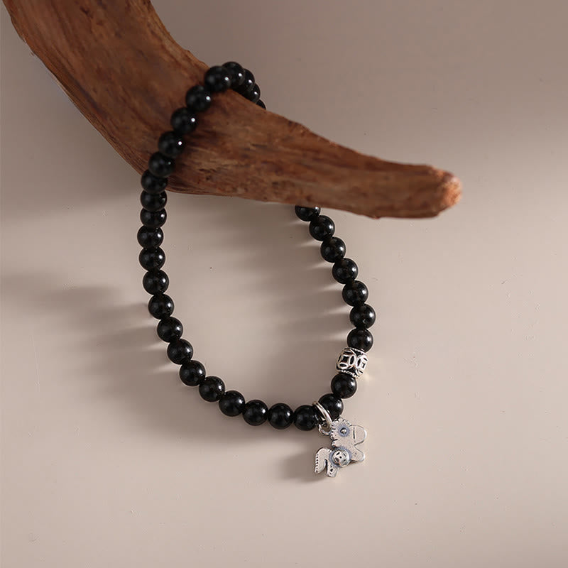 Nimara Ritual Year Of The Horse 925 Sterling Silver Natural Black Obsidian Strength Bracelet